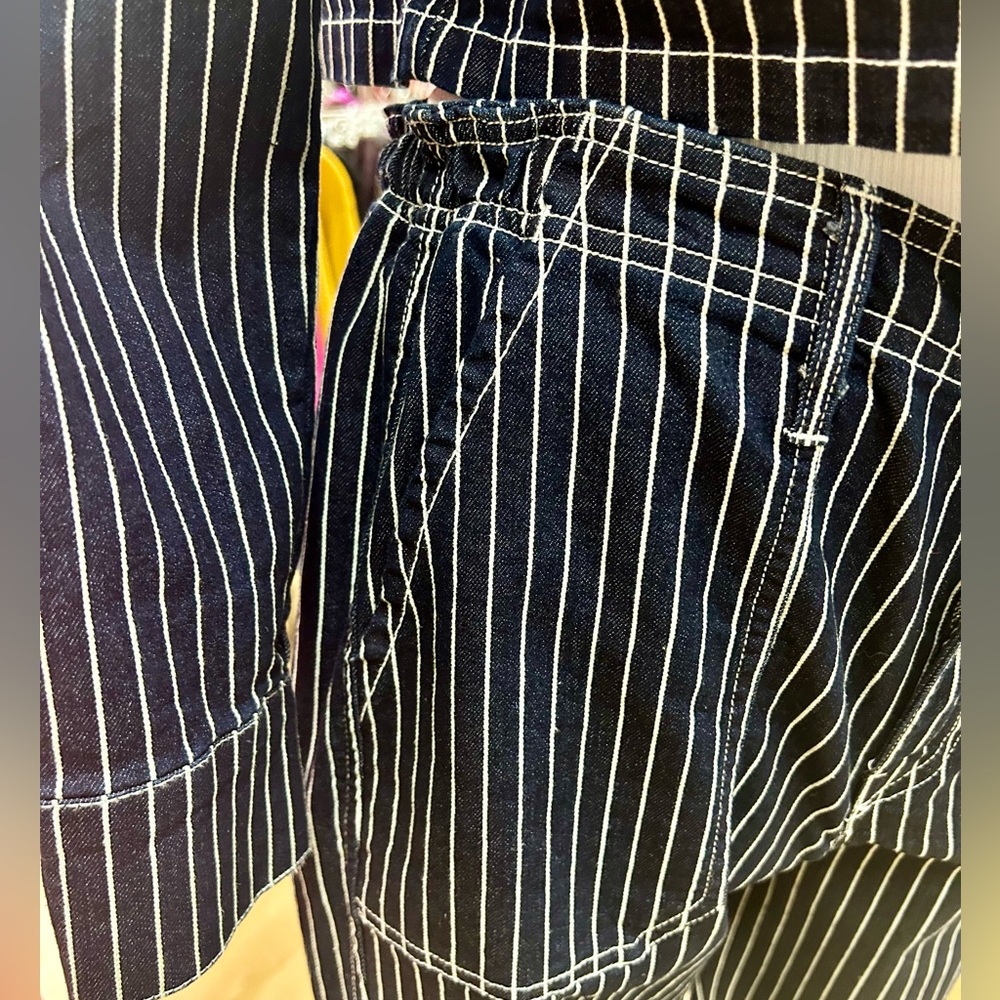 Set of blue pants and jacket with white stripes in a small size